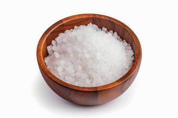 Obraz na płótnie Canvas Closeup view of sea salt in wooden bowl on white background