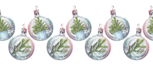 Watercolor seamless border with hand-drawn blue green shiny Christmas decoration ball with fir tree on white background. Toy rim with branch for New Year party celebration. Wallpaper or wrapping