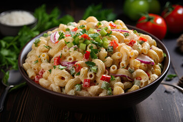 Delicious homemade macaroni salad with tomato onion celery and parsley