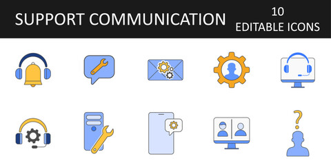 Support communication icon sheet featuring headset with gear, desktop monitor with headset, user question mark, split screen with users, gear with person, and other tech support and customer service