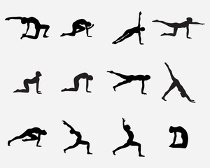 yoga streching workout excercise activity vector silhouette.people wellness training activities black shadow pictogram isolated on background