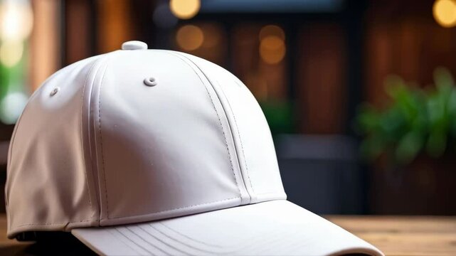 Close-up of white baseball cap on rustic wooden table in front of blurred background of dark wood and potted plant.