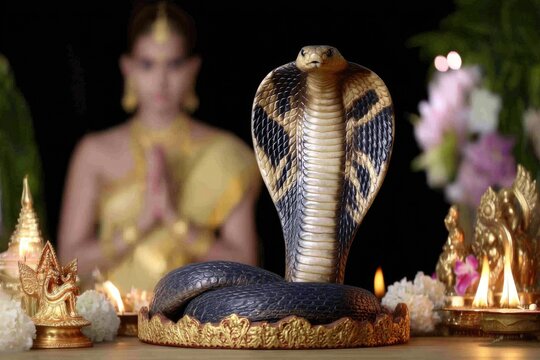 Mystic Nag Panchami worship - graceful female, vibrant garment, snake veneration, holy ceremony, cobra presence, cultural reverence, religious symbol, timeless rite, devoted soul, sacred connection