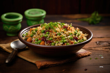 Healthy Soybean pulao or Soya chunk fried Rice with peas and beans Presented in a bowl on a vibrant or woody backdrop Focused display