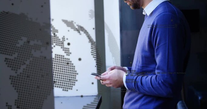 Professional scrolling smartphone screen and comparing financial data with dotted world map display