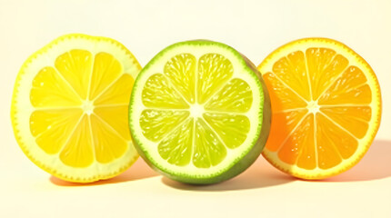 Fototapeta premium Lemon, lime, and orange on solid background 