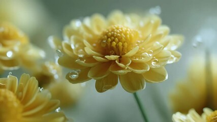 Close-up of vibrant yellow chrysanthemum flower covered in water droplets, showcasing intricate details of petals and center - Powered by Adobe