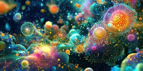 A vibrant microscopic universe teeming with glowing, surreal microorganisms