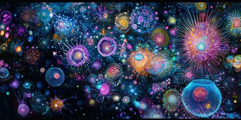 A vibrant microscopic universe teeming with glowing, surreal microorganisms