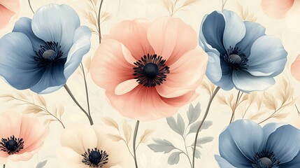 Delicate Anemone Floral Pattern Pastel Blue, Peach, and Cream Flowers with Leafy Accents