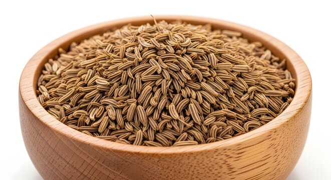 A wooden bowl filled to the brim with cumin seeds on a plain white background view