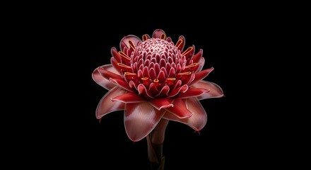 Close up shot of a torch ginger flower with red petals on a black background space
