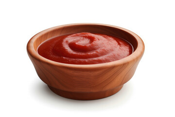 Isolated wooden bowl with ketchup on white background
