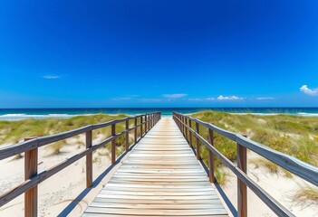 Wooden boardwalk meanders along sandy beach, ocean view,  environment,  vacation