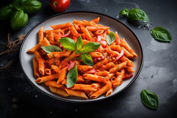 Italian food penne pasta with tomato sauce on stone background plate top view