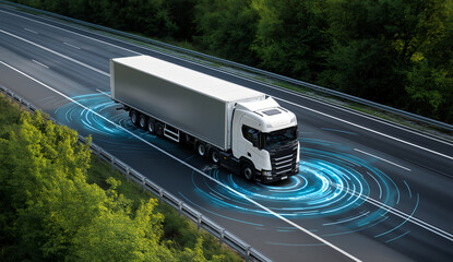 Smart autonomous truck driving on highway with sensor radar visualization, low angle perspective and futuristic tech style