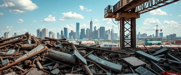 Weathered urban texture, construction debris against city skyline,  cityscape,  image