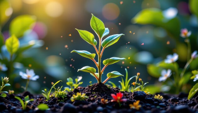 Emerging green life earth nature photography sunlit garden close-up growth concept visualized as ai interface