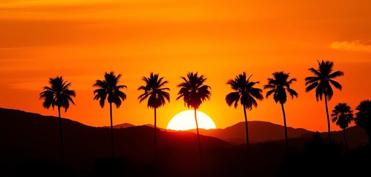 Vibrant sunset silhouette of palm trees and hills against a bright orange sky,  calm,  colorful