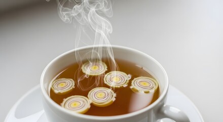 A close up of a cup of tea with lemongrass slices and steam rising from the surface
