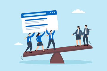 Flat illustration of business marketing team lifting large website page on seesaw to outweigh competitors in search engine ranking