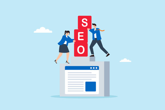 Flat illustration of business marketing team stacking SEO blocks to elevate website visibility on search engine ranking podium