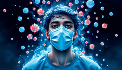 Young man wearing protective face mask surrounded by virus particles in surreal blue background