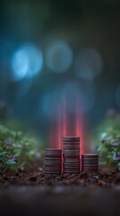 Stacks of coins in the dark