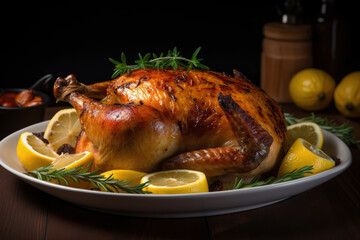 Lemon infused homemade roasted chicken on a wooden backdrop