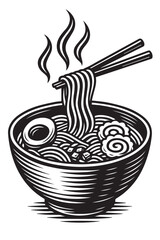 Black and white vector illustration of a steaming bowl of ramen.