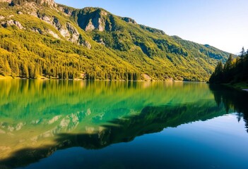 Fototapeta premium Tranquil mountain lake reflecting clear sky, lush green trees, calm, sky