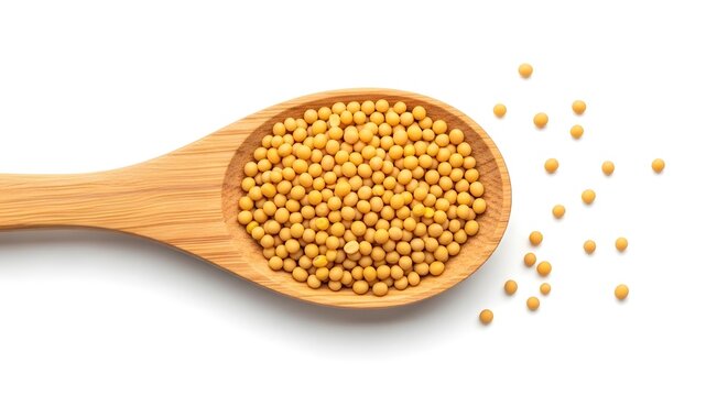 A wooden spoon filled with yellow mustard seeds and some scattered on a white surface - Powered by Adobe