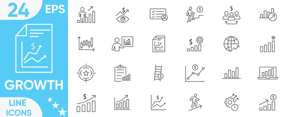 Growth line icon Vector and illustrator set.gain, Coaching, success, career, Vision, Mission, Values, improvement, grow, chart, increase, evolution and development icons.
