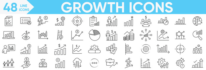 Growth line icon Vector and illustrator set.gain, Coaching, success, career, Vision, Mission, Values, improvement, grow, chart, increase, evolution and development icons.