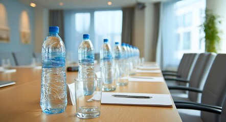 Bright and professional conference room prepped for meeting with aligned chairs, water bottles, and projector setup.