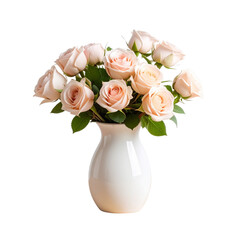  Soft Pink Roses in Minimalist Ceramic Vase on Wooden Surface, Transparent Background&rdquo;