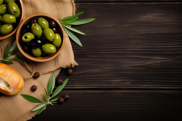 Overhead view of green and black olives in tin cans fresh bread young olive branch olive oil bottle on clay board old wood background Room for text