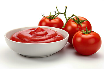 Packaged and designed ketchup with fresh tomatoes on white background