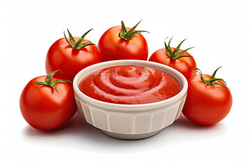 Packaged and designed ketchup with fresh tomatoes on white background