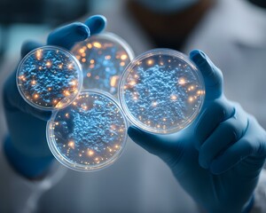Professional food safety inspector wearing a white coat assessing the quality of food samples in petri dishes under laboratory conditions