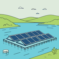 Flat Vector Art of Solar Panels with Subtle Reflections on a Lake  