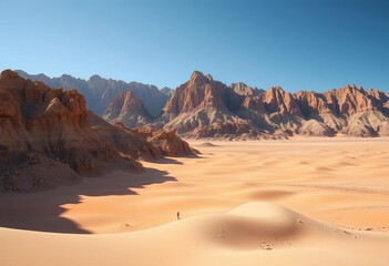 Naklejka premium Rugged, sun-baked mountains rise above a vast, sandy desert expanse, illustration, outdoor