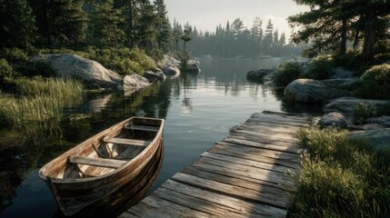 Obraz premium Tranquil Lakeside Scene: Wooden Boat and Pier on a Serene Morning Lake