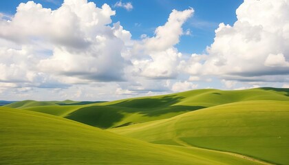 Obraz premium Rolling green hills under a vibrant summer sky with fluffy white clouds, illustration, idyllic