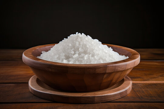 Salt in wooden bowl with large grains