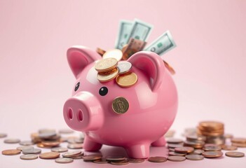 Pink piggy bank overflowing with coins and bills, investment, security