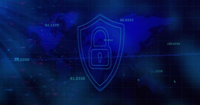 Shield appearing, pulse circling padlock icon while data flickering activating security protocol