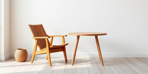 Modern wooden chair and table set in minimalist room, structure, seat