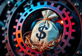 Money bag securely nestled within intricate cogwheel mechanism,  growth,   system