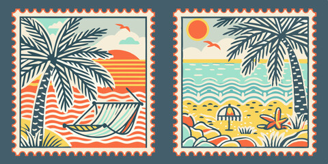 Two Summer Vacation Themed Postage Stamps with Palm Trees Beaches Hammocks and Tropical Seaside Views in a Retro Style
